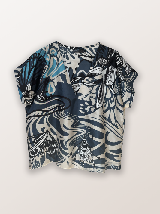 TOP AMPLIO V SEDA NATURAL MARIPOSA BLUE