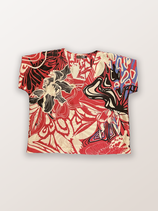 TOP AMPLIO V SEDA NATURAL MARIPOSA RED