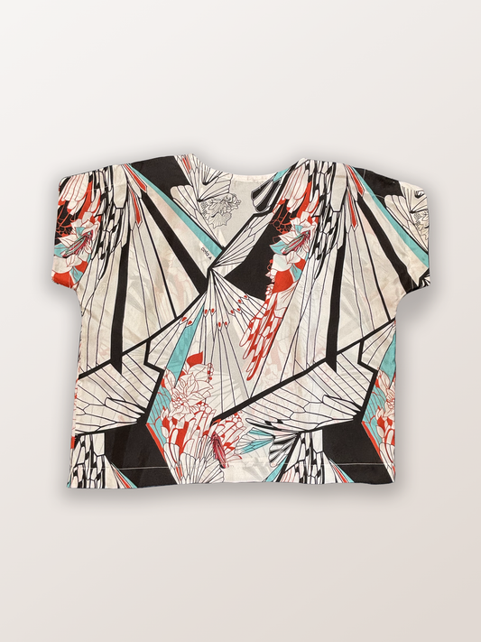 TOP AMPLIO V SEDA NATURAL GRILLOS BLANCO